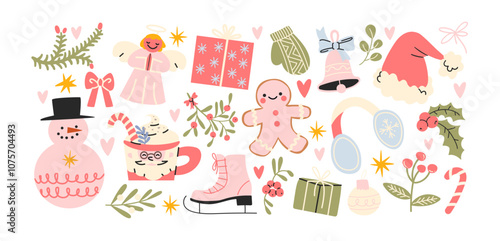 Christmas new year stickers in cartoon style.Cute pink items holiday gifts, nutcracker christmas tree, gingerbread, ballerina. Holiday seasonal vector illustrations in retro Scandinavian groovy style