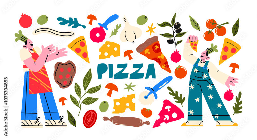 Fototapeta premium Cartoon set pizza men and pizza. Stickers of Italian cuisine cooking pizza, a national dish. Pizza makers bakers characters and trendy food stickers in 90s doodle groovy style