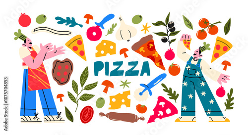 Cartoon set pizza men and pizza. Stickers of Italian cuisine cooking pizza, a national dish. Pizza makers bakers characters and trendy food stickers in 90s doodle groovy style