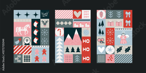 Christmas geometric new year posters in cartoon style. Holiday gifts, santa, christmas tree. Holiday pattern seasonal vector postcards in retro groovy style. picture for wall and for printing