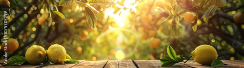 Three vibrant lemons sit among fresh green leaves on weathered wood, illuminated by sunlight filtering through orange trees