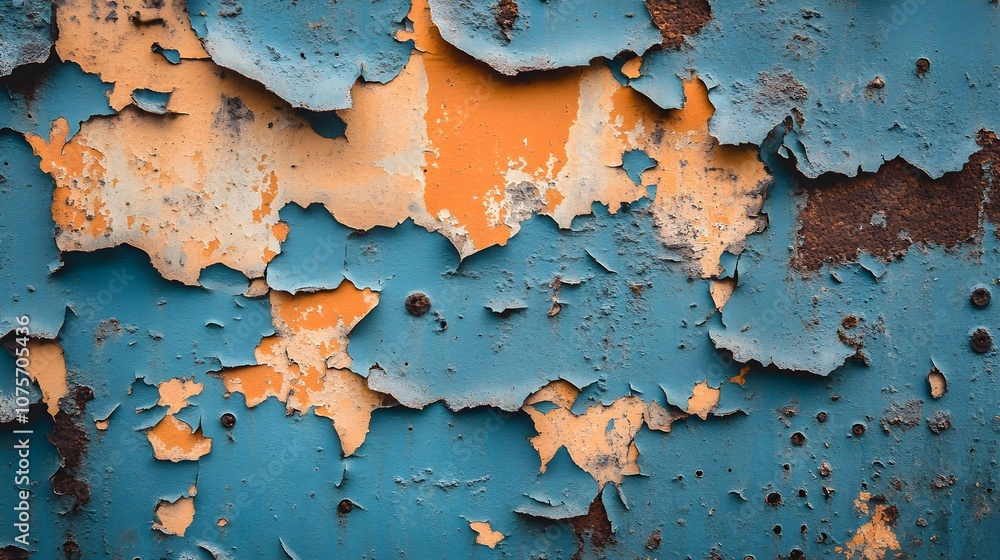 Rusted metal sheet with distressed, peeling blue and orange paint, rough industrial textures and organic patterns symbolizing decay and time Rusted metal sheet with distressed, peeling blue and orange paint, rough industrial textures and organic patterns symbolizing decay and time