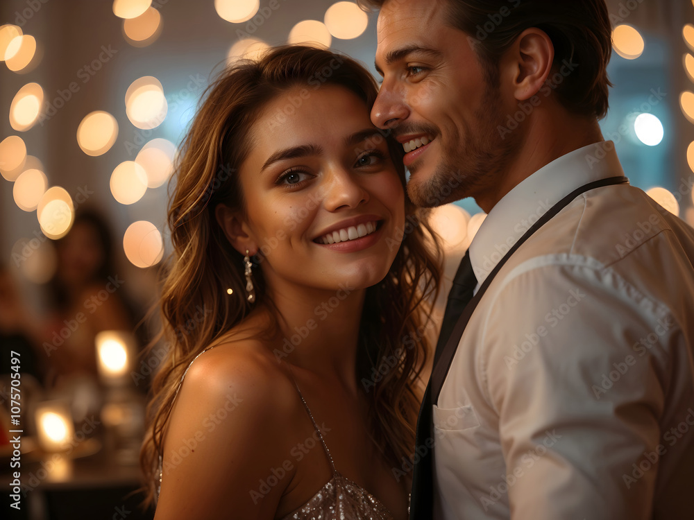 Romantic couple in stylish clothes enjoying an elegant evening party. Concept for celebration and special occasions Romantic couple in stylish clothes enjoying an elegant evening party. Concept for celebration and special occasions