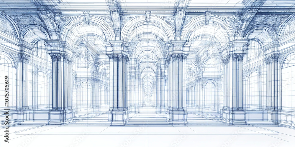 Fototapeta Blueprint drawings of greek or roman columns. Design and engineering plans for ornate archways and pillars, historic architecture for church, cathedral, museum or government building