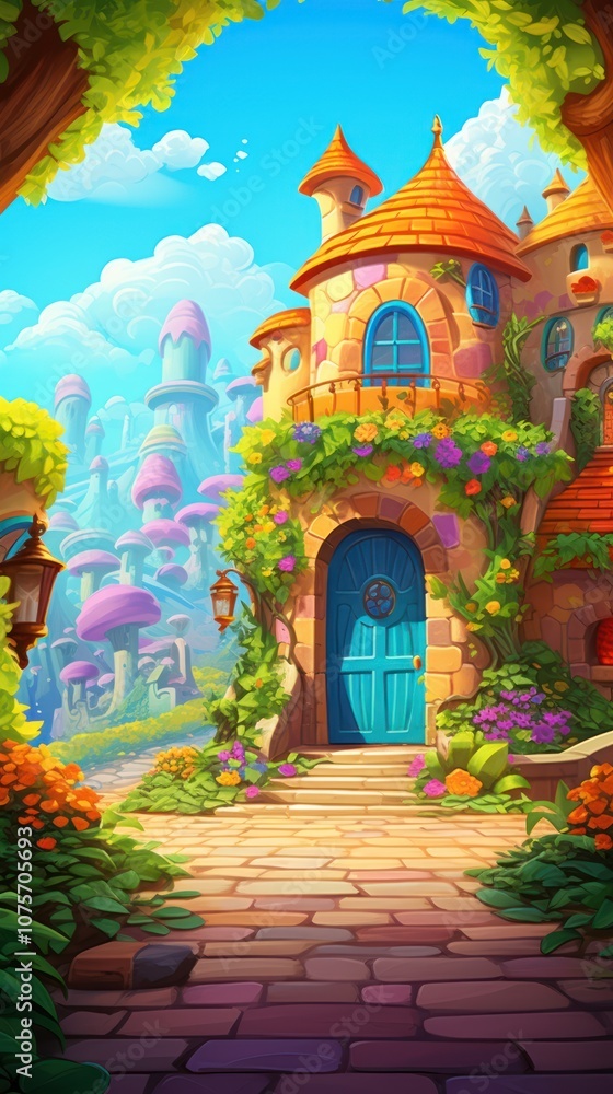 Fototapeta premium Magical Fairytale Castle Landscape. Cozy Atmosphere. Vibrant Cartoon Background. Fantasy Illustration