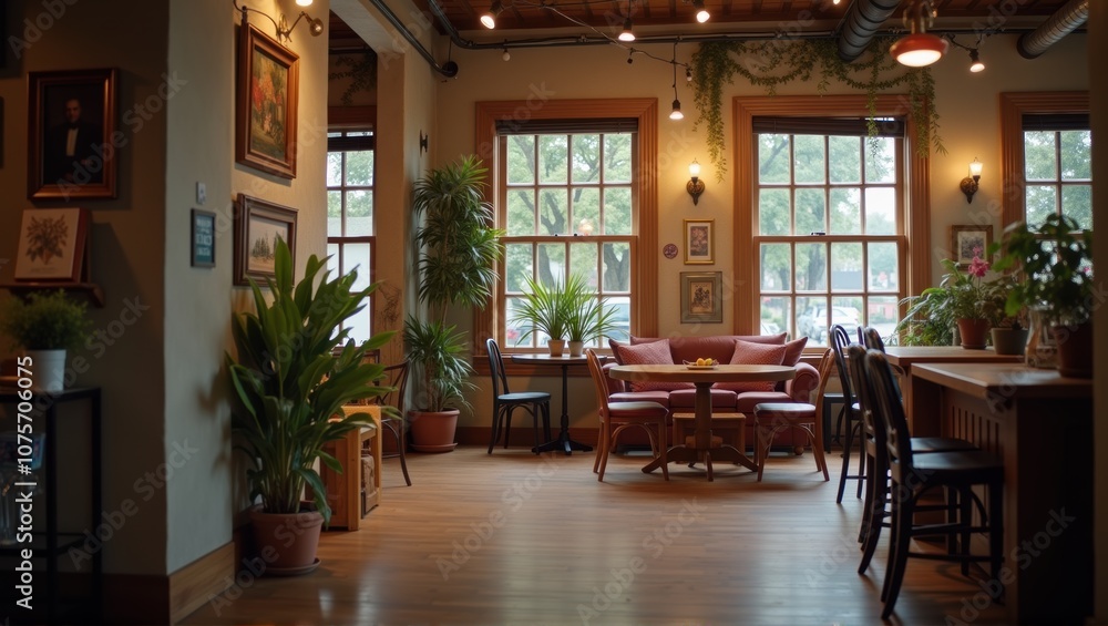 Cozy café interior with plants, artwork, wooden furniture, and warm lighting. Generative, AI, Cozy café interior with plants, artwork, wooden furniture, and warm lighting. Generative, AI,