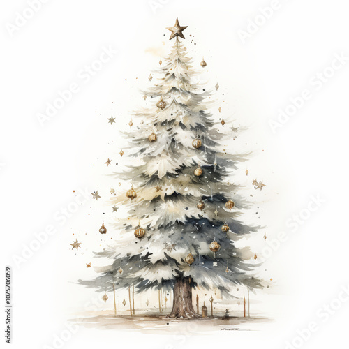 Fairytale white and gold Christmas tree in watercolor