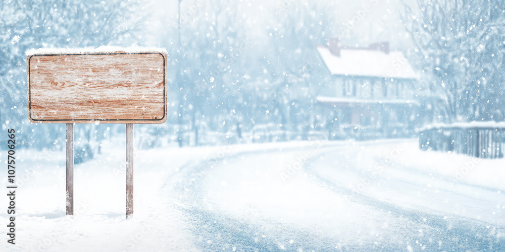 Blank wooden road sign against the backdrop of a snowy winter and falling snow, copy space Blank wooden road sign against the backdrop of a snowy winter and falling snow, copy space