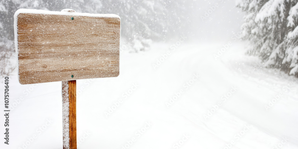 Fototapeta premium Blank wooden road sign against the backdrop of a snowy winter and falling snow, copy space