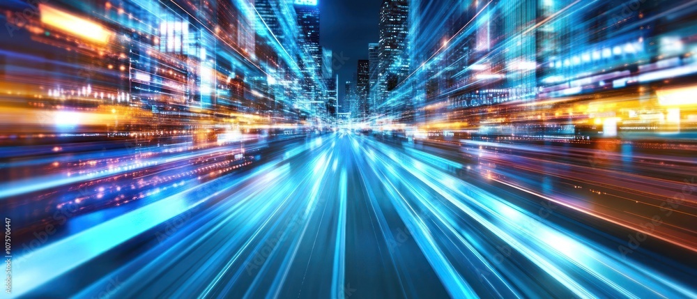 A dynamic cityscape with light trails, conveying speed and urban energy at night. A dynamic cityscape with light trails, conveying speed and urban energy at night.