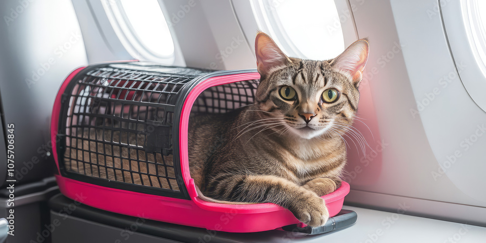 Fototapeta Cute cat lying in cat carrier in airplane cabin next to porthole. Traveling with pets, copy space