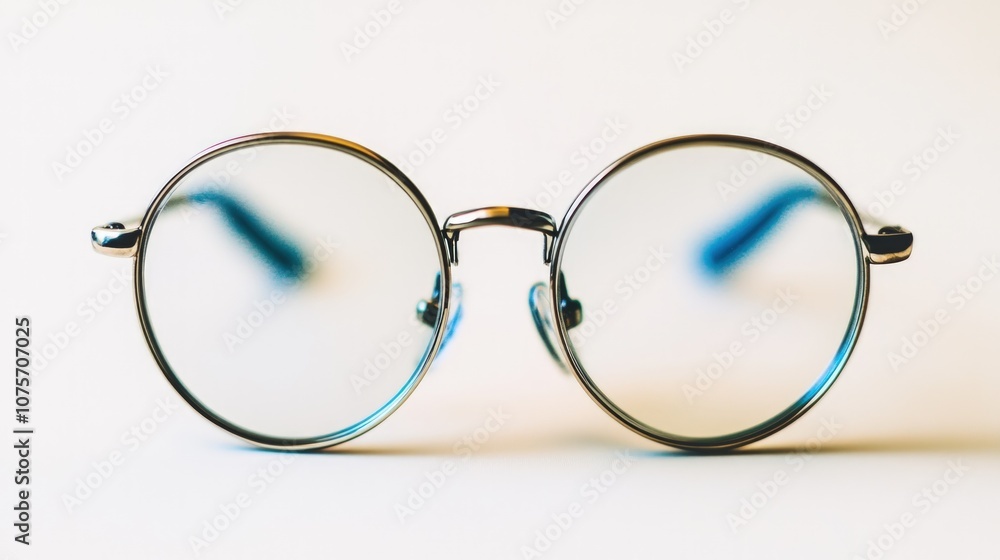 A pair of round eyeglasses with blue arms on a white background. A pair of round eyeglasses with blue arms on a white background.