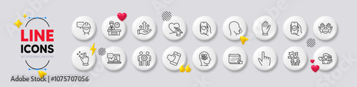 Presentation time, Social care and Growth chart line icons. White buttons 3d icons. Pack of Anxiety, Employees teamwork, Accounting icon. Foreman, Cough, Security app pictogram. Vector