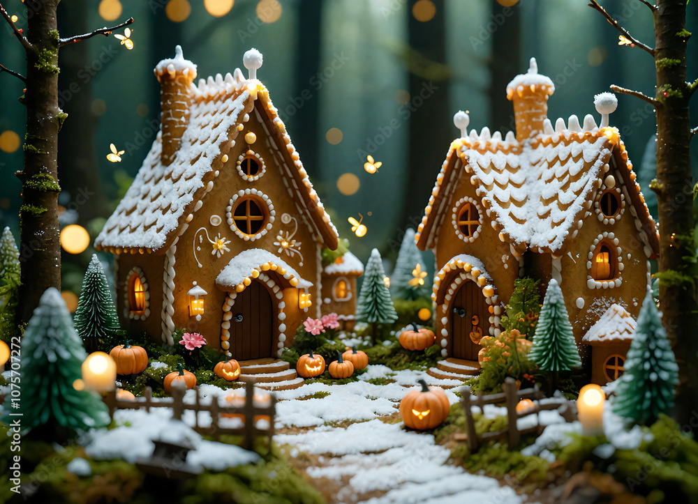 Enchanting Gingerbread Candy Village in a Colorful Fantasy Forest with Fireflies Illumination Enchanting Gingerbread Candy Village in a Colorful Fantasy Forest with Fireflies Illumination