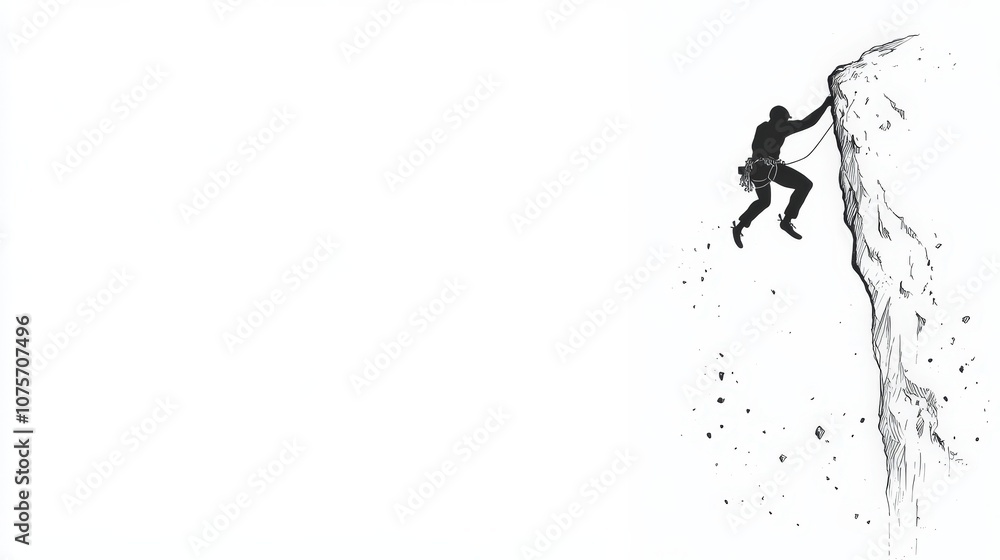 Fototapeta premium Silhouette of a Mountain Climber Ascending a Steep Cliff with a Minimalist White Background for Adventure and Outdoor Sports Themes