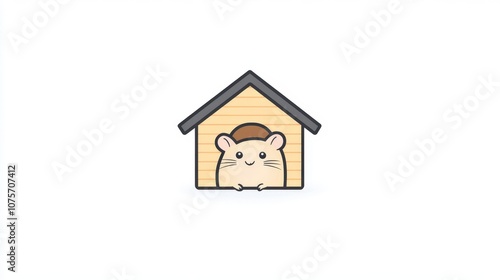 Cute Cartoon Hamster Peeking Out from Adorable Wooden House with a Simple and Clean Design, Perfect for Children's Illustrations and Pet-Related Projects