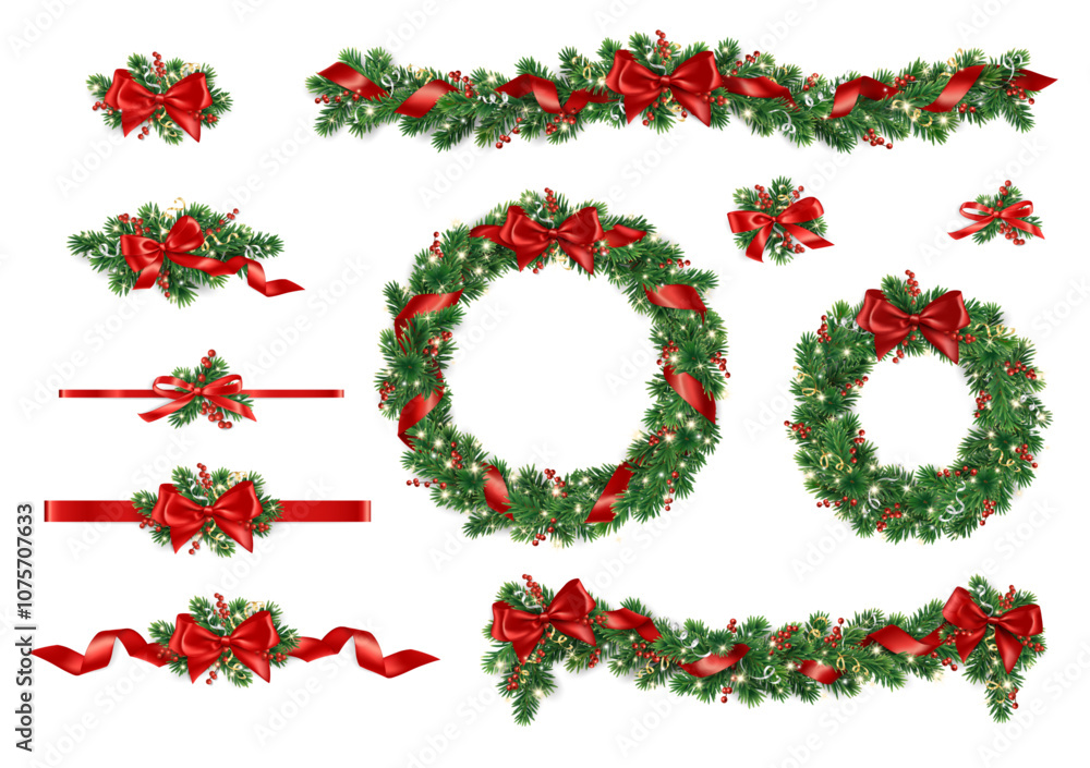 Christmas tree garland. Realistic pine tree branches with red bow and ...