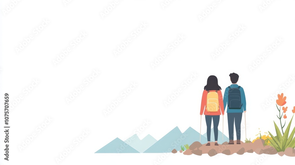 Naklejka premium A Couple Standing Together on a Scenic Mountain Trail Overlooking the Beautiful Landscape, Ready for Their Hiking Adventure Amidst Nature's Serenity