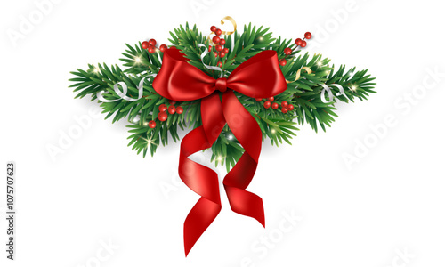 Realistic pine tree branches with red bow and ribbons. Christmas tree decoration for holiday banners, party posters, cards, headers, social media. Transparent background in vector file.