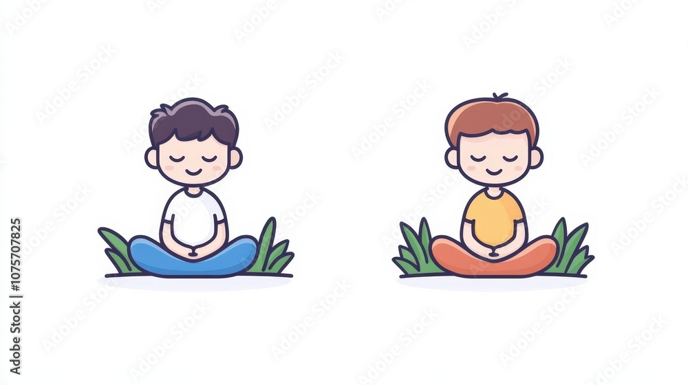 Two Cartoon Kids Sitting in Meditation Poses on Colorful Mats Surrounded by Green Grass, Promoting Mindfulness and Calmness for Children and Families Two Cartoon Kids Sitting in Meditation Poses on Colorful Mats Surrounded by Green Grass, Promoting Mindfulness and Calmness for Children and Families