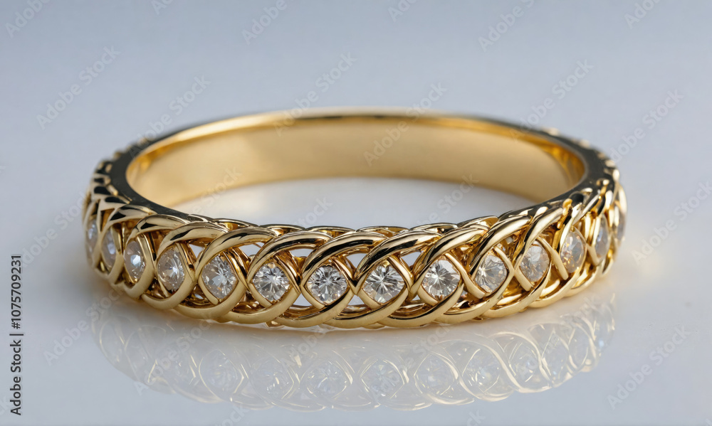 A gold band with a braided design and a row of diamonds sits on a white surface A gold band with a braided design and a row of diamonds sits on a white surface
