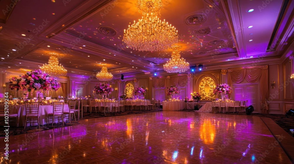 Elegant banquet hall decorated for a festive event with chandeliers and floral arrangements. Elegant banquet hall decorated for a festive event with chandeliers and floral arrangements.