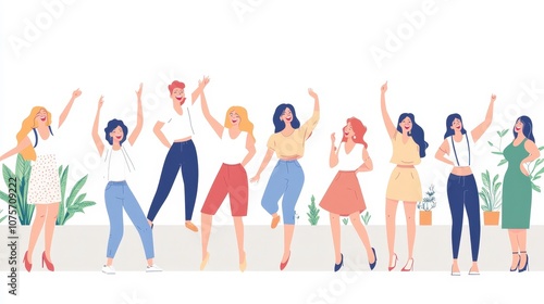 Cheerful group of diverse women celebrating together, showcasing joy and friendship in a bright, modern setting with greenery and stylish outfits photo