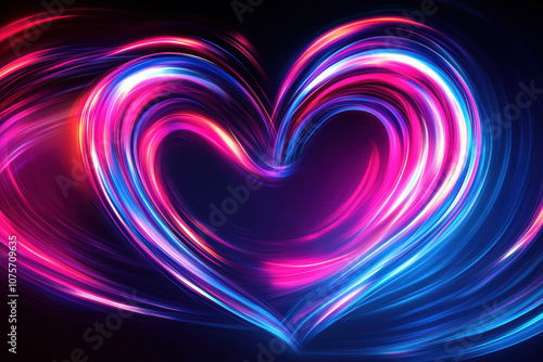 Glowing neon heart with colorful light rays