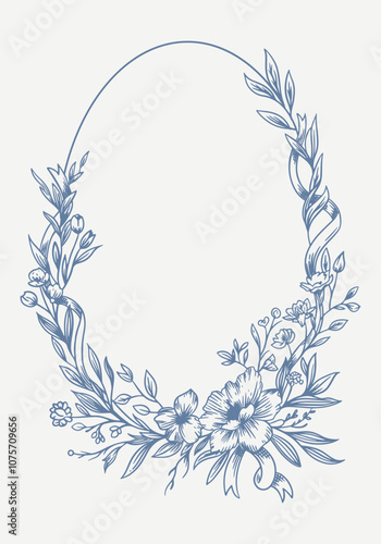 Botanical blue wedding frame or wreath on white background. Hand drawn floral, flower, leaf branch in toile de jouy style. Line art for wedding, monogram, invitation, greeting, logo, birthday cards