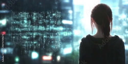 Cyberpunk scene with a digital silhouette in the futuristic cityscape. The silhouette of a young woman in neon glow. Futuristic and digital nightscape, perfect for sci and technology themed visuals.