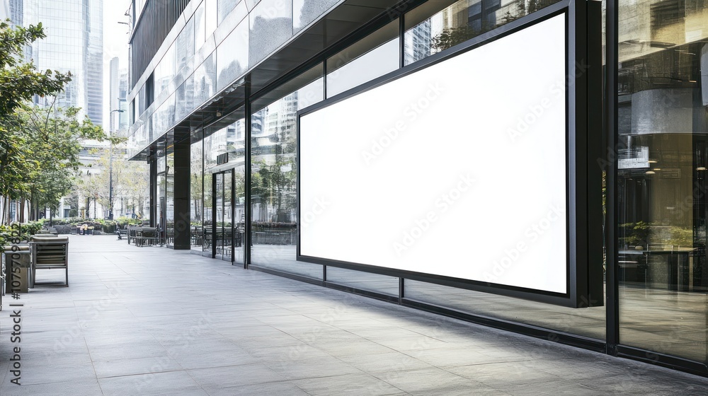 An empty digital billboard outside a modern building in an urban setting. An empty digital billboard outside a modern building in an urban setting.