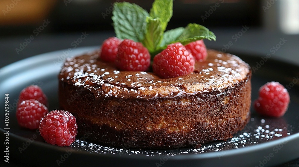 Close-up of a cake with raspberries and mint leaves on top Close-up of a cake with raspberries and mint leaves on top