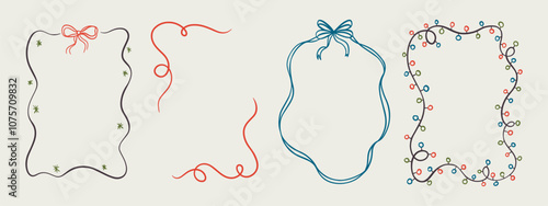 Set of Merry Christmas whimsical hand-drawn blue orange green color frames with wavy squiggle curly ribbons in trendy, vintage styles. Perfect for quirky holiday, Christmas invitation,greeting card