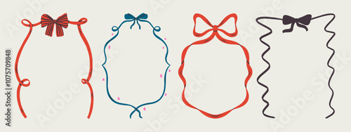 Set of Merry Christmas whimsical hand-drawn blue orange green color frames with wavy squiggle curly ribbons in trendy, vintage styles. Perfect for quirky holiday, Christmas invitation,greeting card