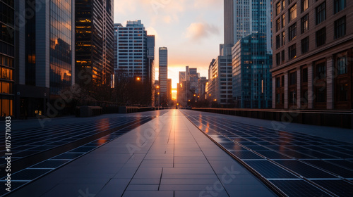 A cityscape view of tall buildings at sunset with reflections on a glossy floor, capturing the serene beauty of urban landscapes and architecture. 