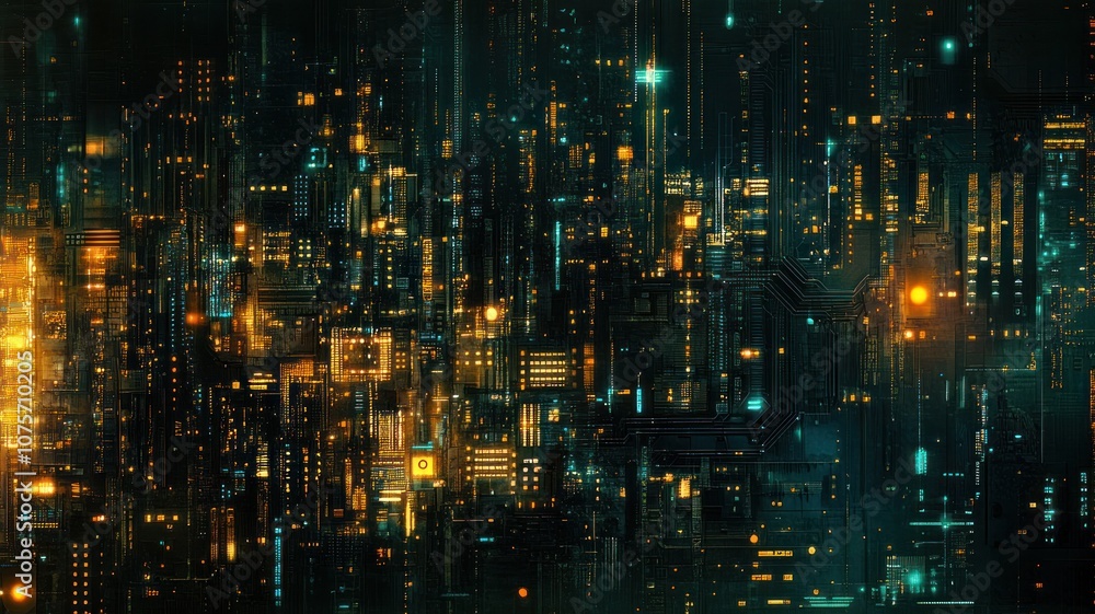 Abstract digital cityscape with glowing elements, evoking a futuristic atmosphere. Abstract digital cityscape with glowing elements, evoking a futuristic atmosphere.