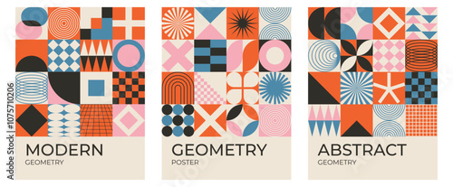 Set of trendy modern abstract geometric retro vector posters with circle, square line shape. Minimalistic print for wall art decoration, postcard or brochure cover design in retro style art