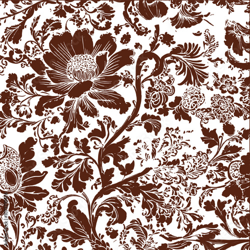 Traditional Indian Kalamkari Floral Pattern in Warm Earthy Colors, Perfect for Textiles, Wallpaper, and Decorative Use