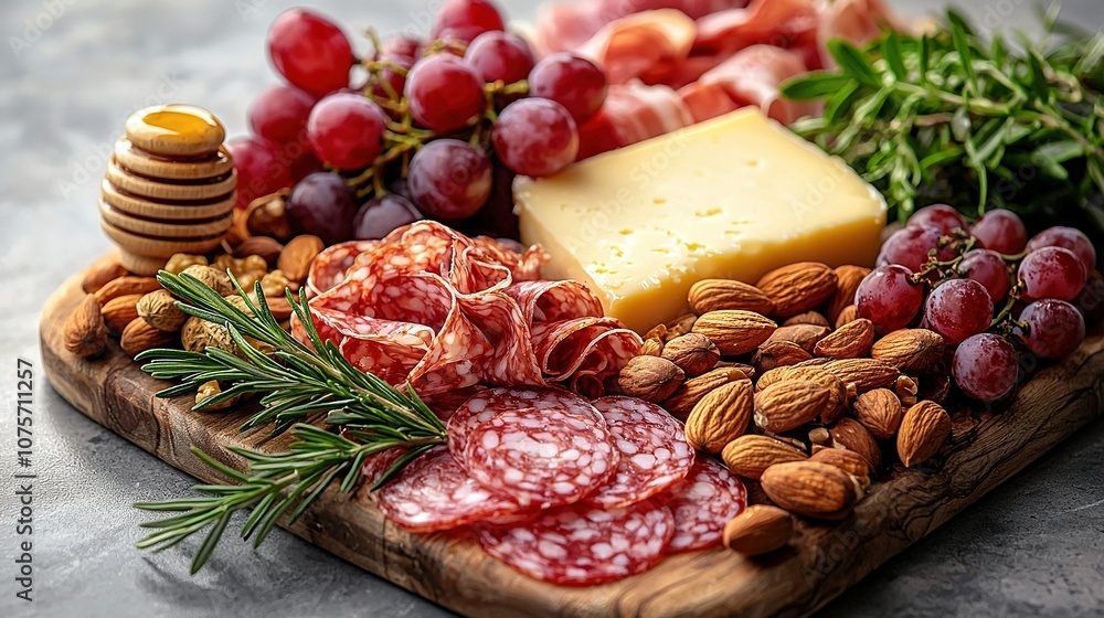 A platter of meats, cheeses, nuts, and cheese on a wooden board with a cracker A platter of meats, cheeses, nuts, and cheese on a wooden board with a cracker