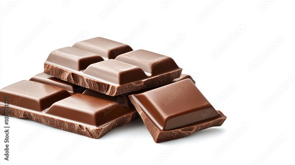 Close-up of delicious milk chocolate pieces, glossy and smooth surface, isolated on white background, perfect for confectionery advertising Close-up of delicious milk chocolate pieces, glossy and smooth surface, isolated on white background, perfect for confectionery advertising
