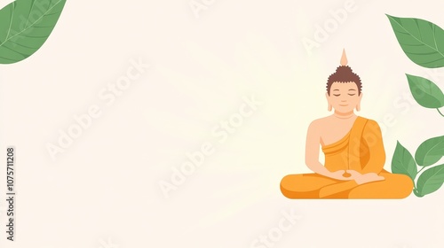 Serene Buddha Meditation with Green Leaves on Neutral Background for Spiritual, Wellness, and Mindfulness Themes in Various Creative Projects photo