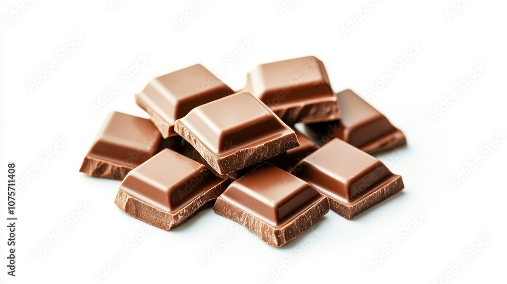Close-up of milk chocolate pieces, smooth and glossy texture isolated on white background, perfect for dessert and confectionery advertisements, minimalistic design Close-up of milk chocolate pieces, smooth and glossy texture isolated on white background, perfect for dessert and confectionery advertisements, minimalistic design