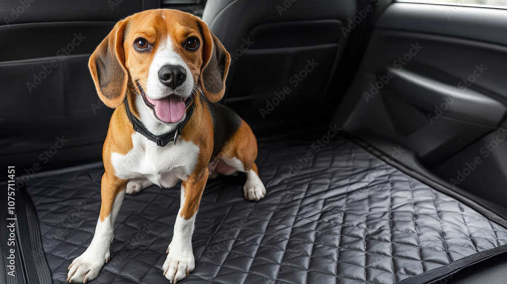 Fototapeta premium Joyful beagle sitting comfortably in car interior, dog travel concept