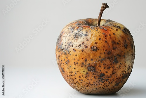 A rotten apple with brown spots sits on a white background photo