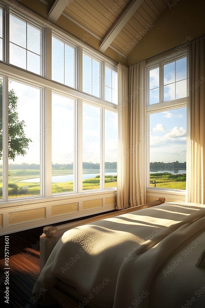 Fototapeta premium Bedroom with large windows overlooking a waterfront scene