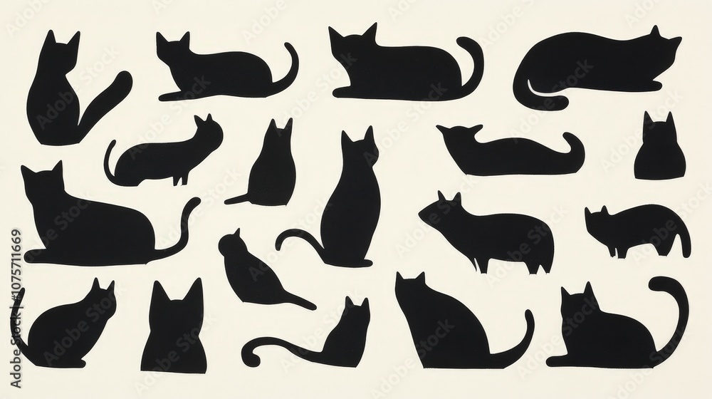Obraz premium A Collection of Stylish Black Cat Silhouettes on a Light Background, Featuring Various Poses and Styles for Creative Projects and Design Inspiration