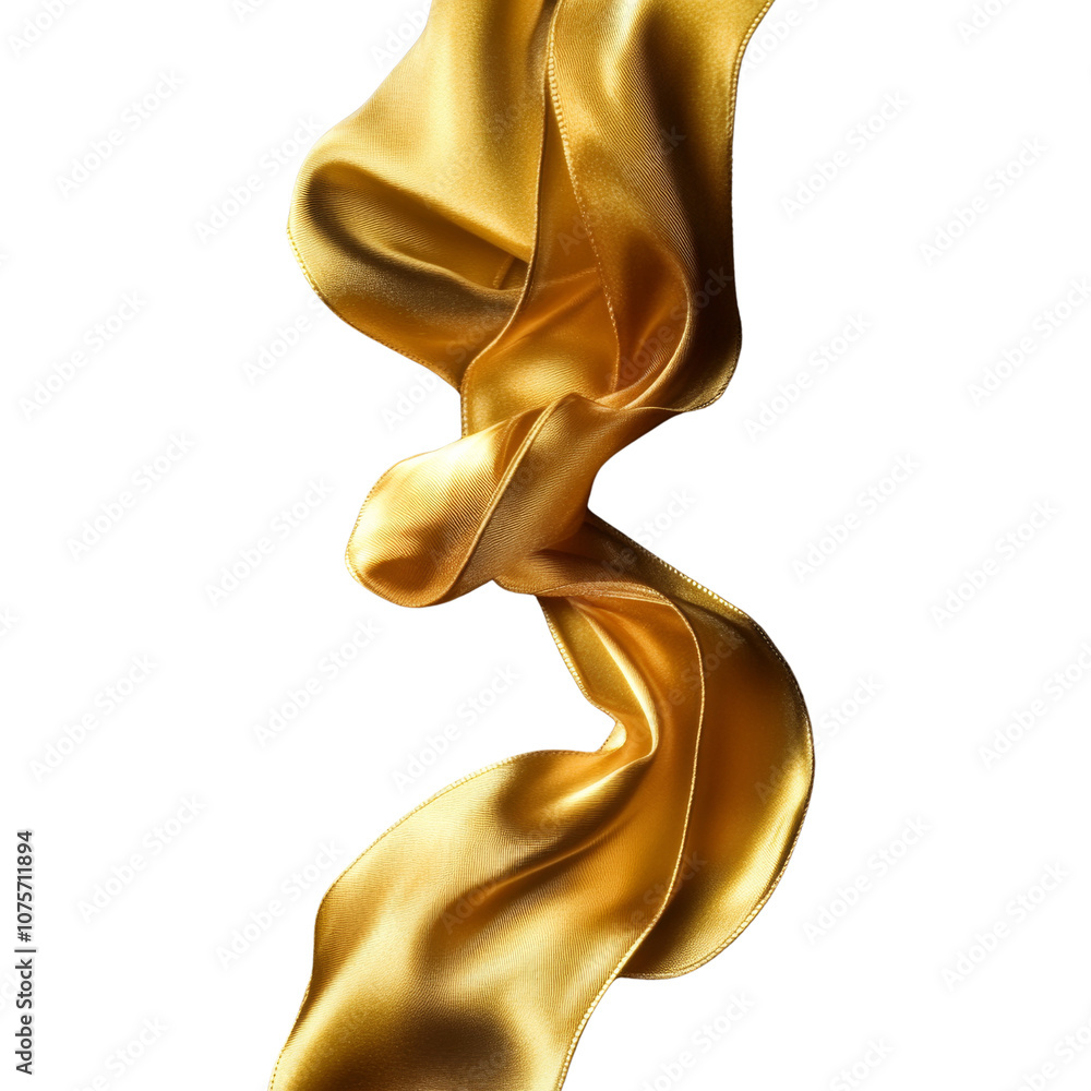 Gold silk flowing ribbon fabric swirl wave isolated on transparent and white background. Vertical. Gold silk flowing ribbon fabric swirl wave isolated on transparent and white background. Vertical.