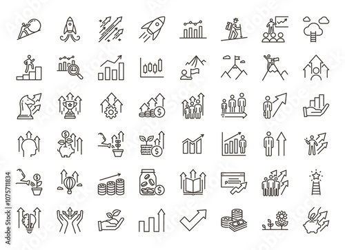 Growth and Success Icon set. Vector thin line illustrations. Growing, developing, arrows going up. Business, wealth and personal improvement