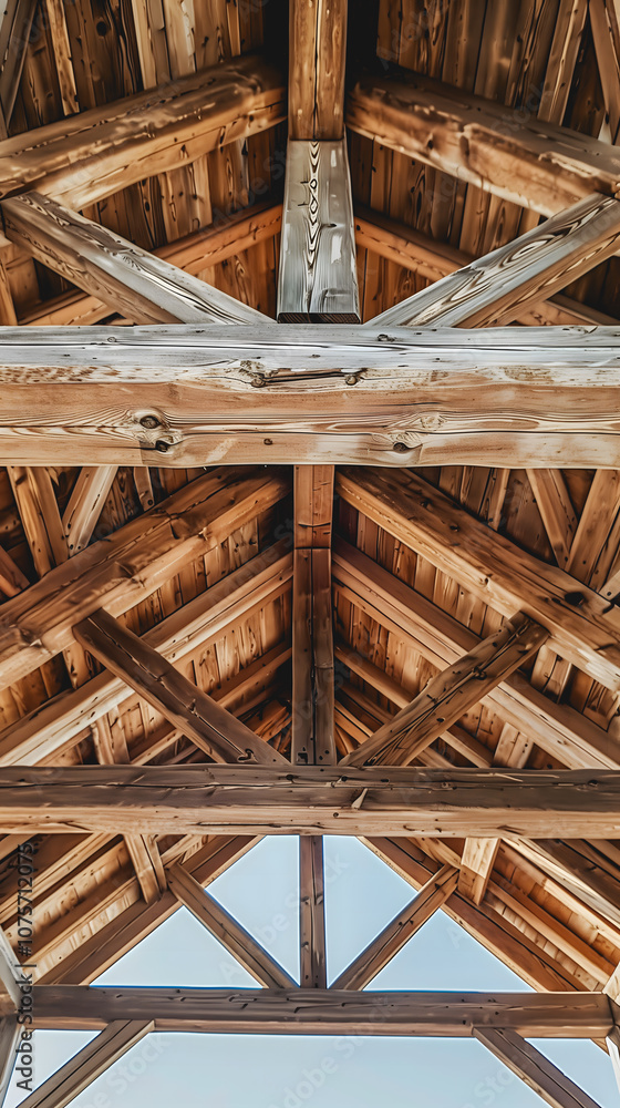 Une vue rapprochée des poutres de plafond en bois complexes. Une vue rapprochée des poutres de plafond en bois complexes.