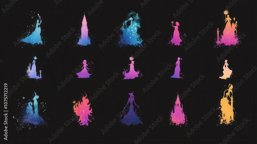 Enchanting Silhouettes of Fairy Tale Characters in Vibrant Colors Against a Dark Background for Magical Illustrations and Creative Projects Enchanting Silhouettes of Fairy Tale Characters in Vibrant Colors Against a Dark Background for Magical Illustrations and Creative Projects